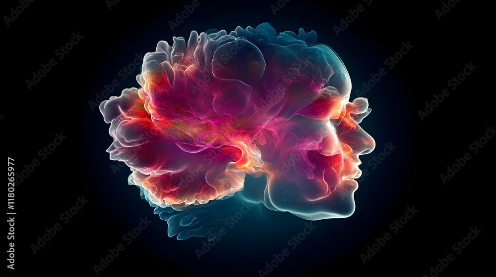 Fototapeta premium Abstract double portrait, fiery colors, dark background, mental health concept, ideal for therapy websites.