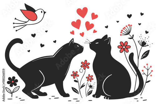 happy valentine's day couple cute cat in love animal silhouette vector illustration