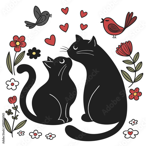 happy valentine's day couple cute cat in love animal silhouette vector illustration