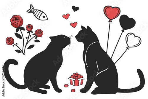 happy valentine's day couple cute cat in love animal silhouette vector illustration