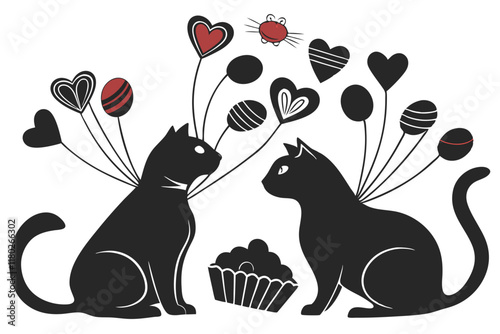 happy valentine's day couple cute cat in love animal silhouette vector illustration