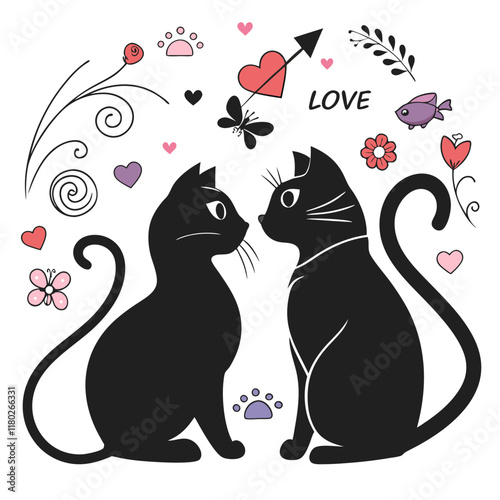 happy valentine's day couple cute cat in love animal silhouette vector illustration