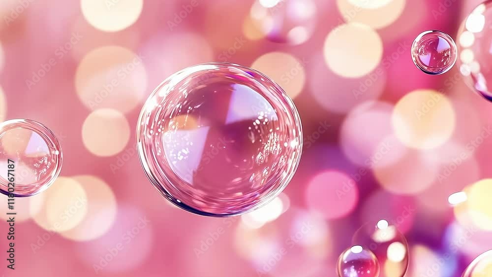 Soap bubbles gracefully float against a dreamy pink blurred backdrop, conveying a feeling of lightness and whimsical joy. It portrays a tranquil, magical atmosphere, ideal for concepts of purity and