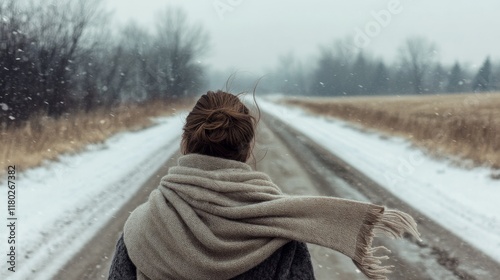 Enveloped in snow, a lone figure walks down an endless snowy road, wrapped in a warm scarf against a soft winter backdrop. photo