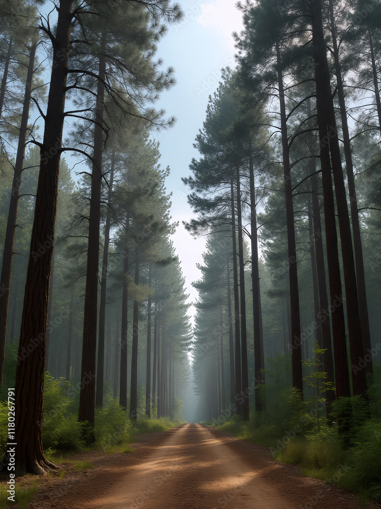 Fototapeta premium Sunlight filters through tall pine trees on a tranquil forest path during early morning hours