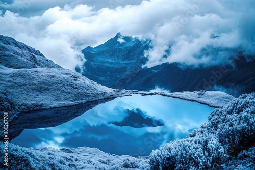 A serene lake situated in the midst of a snowy mountain, perfect for winter landscapes and outdoor activities