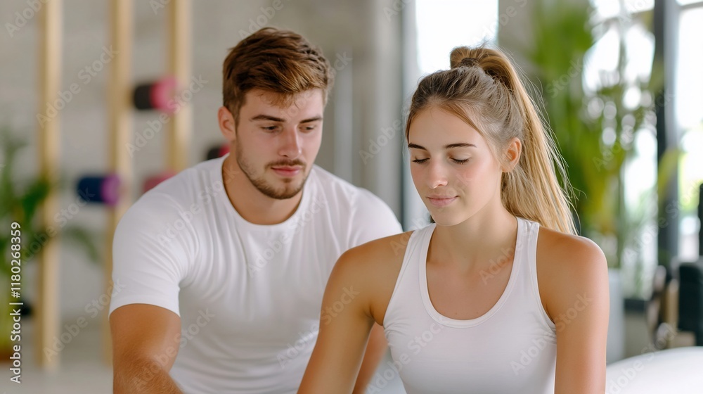 Trainer guides woman in fitness studio workout Trainer guides woman in fitness studio workout