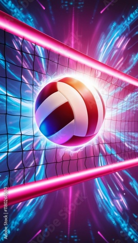 A glowing neon volleyball and volleyball net against futuristic digital background
