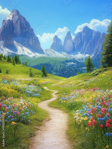 Winding path through vibrant wildflowers leading to majestic snow-capped mountains under a sunny sky.