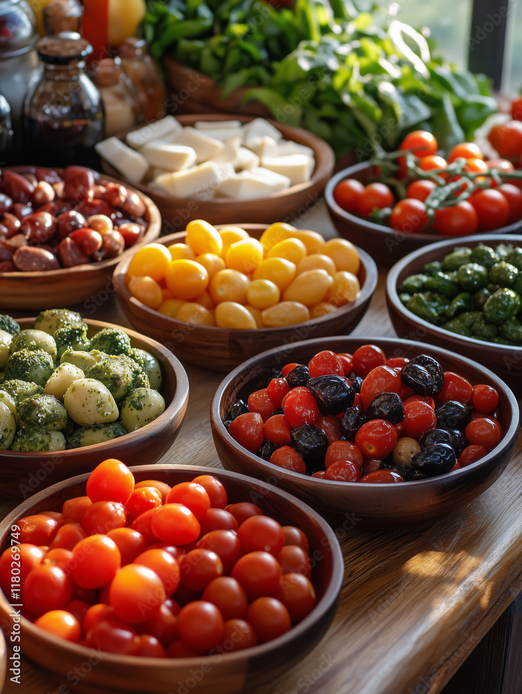 Colorful spread of Mediterranean diet ingredients on a rustic table setting