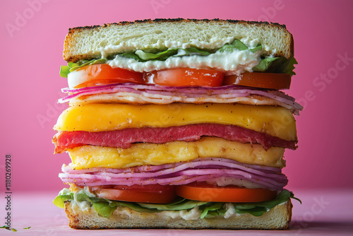 Colorful layers of flavor come alive in this towering sandwich creation photo