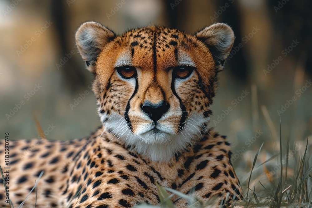 Obraz premium A cheetah rests in tall grass, its fur blending with the surroundings