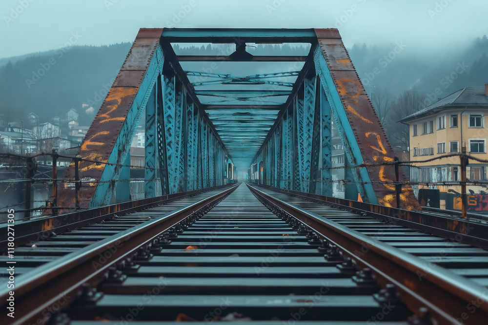 Express train crosses a dramatic railway bridge in misty morning light Express train crosses a dramatic railway bridge in misty morning light