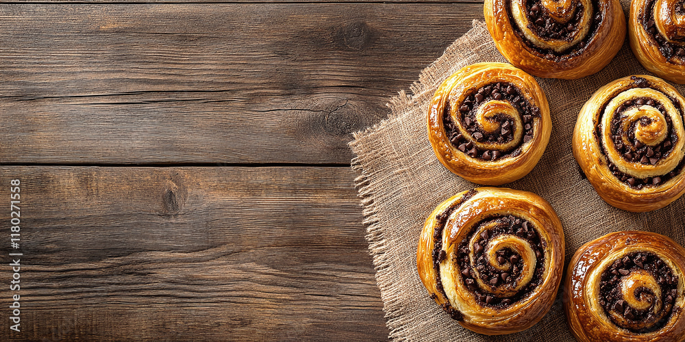 Warm, freshly baked chocolate swirl buns resting on a rustic wooden surface, surrounded by aromatic cinnamon sticks and rich dark chocolate pieces, ideal for dessert enthusiasts.