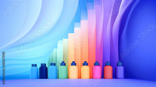 Colorful bottles arranged in ascending order against an abstract background;  growth, success, and product launch concept for marketing.
