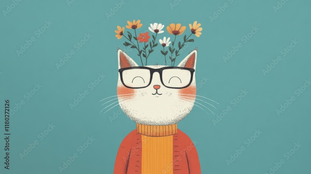 Obraz premium Happy cat wearing glasses and sweater with flowers growing from its head.
