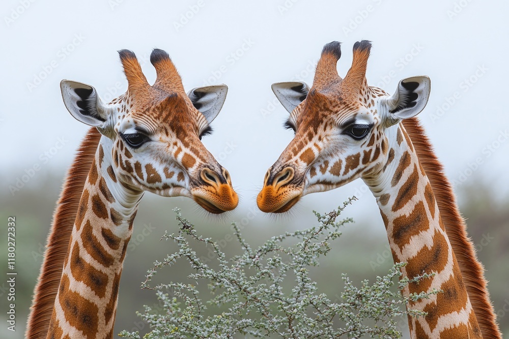 Obraz premium Two giraffes standing side by side, a friendly encounter