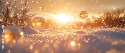 Magical winter sunset with sparkling snow and floating orbs.