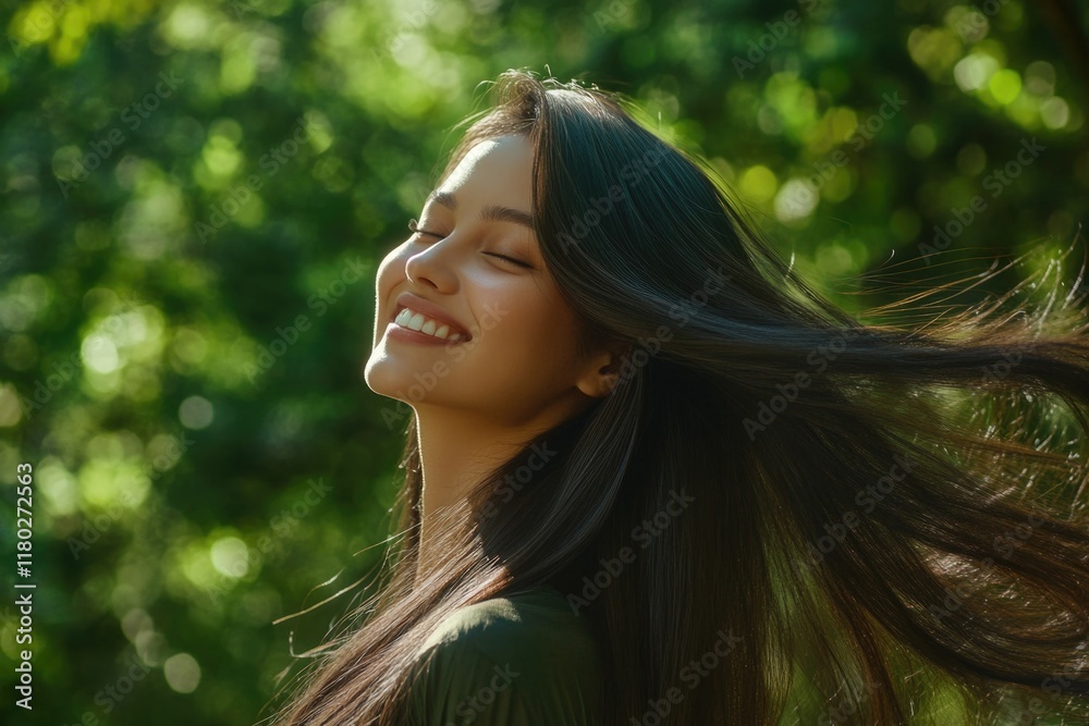 Naklejka premium Woman with Long Black Hair Smiling
