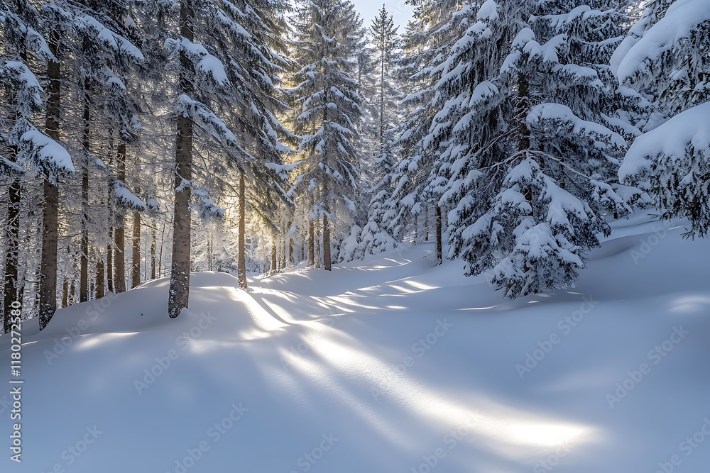 Obraz premium Sunlight through Snowy Forest