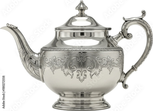 Silver decorative teapot, tea drink container, pitcher, for pouring fresh liquid hot tea, isolate transparent png