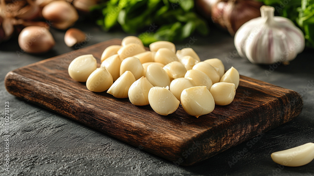 Fresh garlic bulbs and cloves placed on a modern rustic wooden cutting board with an empty blank caption space on the side and a blurred background showcasing their natural texture and simplicity
Fresh garlic bulbs and cloves placed on a modern rustic wooden cutting board with an empty blank caption space on the side and a blurred background showcasing their natural texture and simplicity