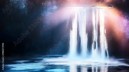Cosmic Waterfall Alien craft illuminates a mystical waterfall at night, creating a surreal landscape perfect for fantasy or sci-fi projects.
