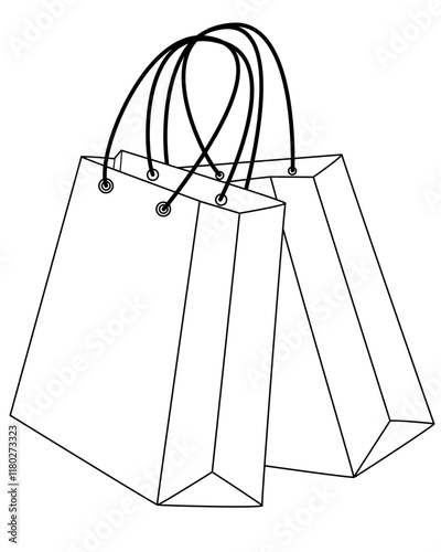 Two Paper bags, gift wrapping - vector line art picture for coloring logo or pictogram. Paper bags with handles for sign or icon. Outline	