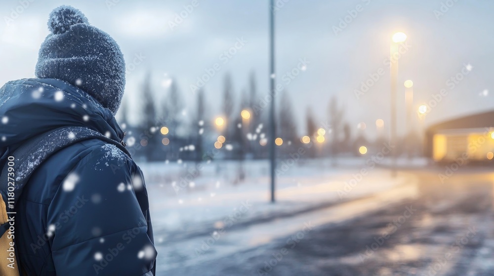 Person in Winter Coat Watching Snow Fall Near Backpack on a Cold Evening Person in Winter Coat Watching Snow Fall Near Backpack on a Cold Evening