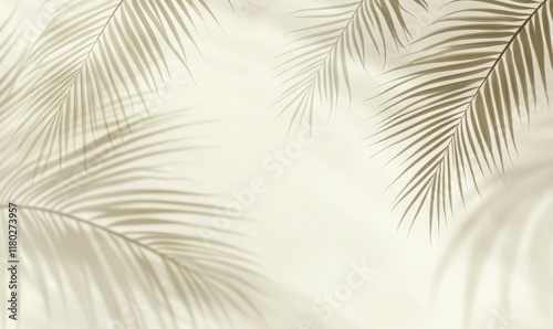 Fototapeta Naklejka Na Ścianę i Meble -  Blurred shadow from palm leaves on light cream wall. Minimalistic beautiful summer spring background for product presentation.