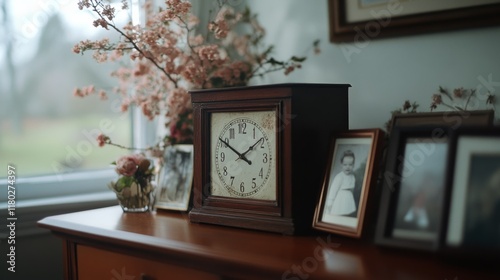 A vintage mantel clock is surrounded by framed photos and delicate flowers, capturing a nostalgic moment preserved in time. photo