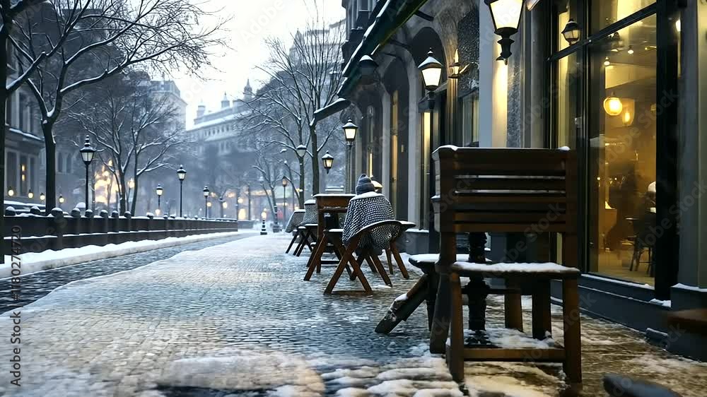 Outside a quaint café, wooden chairs with snug blankets provide a warm contrast to the surrounding snowy landscape Outside a quaint café, wooden chairs with snug blankets provide a warm contrast to the surrounding snowy landscape