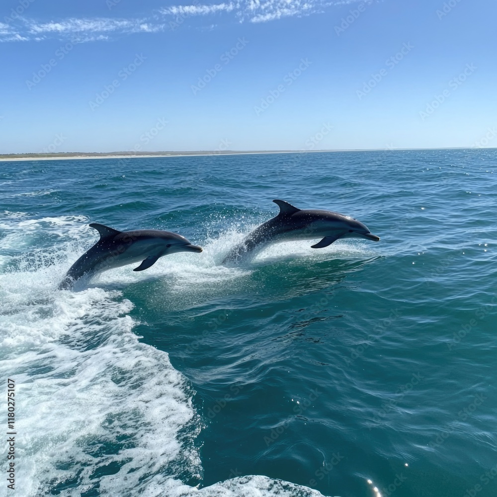 Fototapeta premium Two dolphins leaping from the ocean's surface