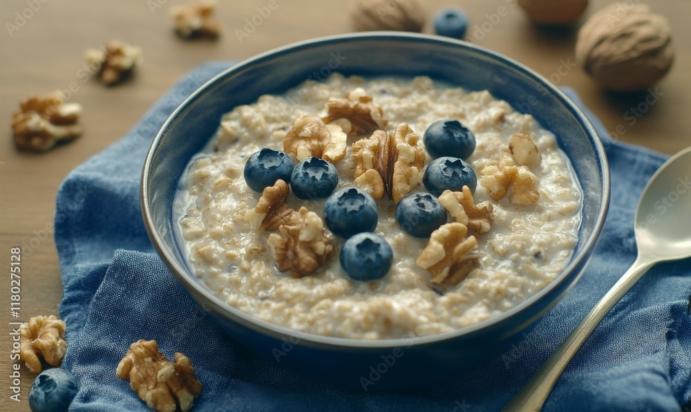 Bowl of oatmeal with blueberries and walnuts on top. The bowl is on a wooden table with a blue cloth underneath it. Bowl of oatmeal with blueberries and walnuts on top. The bowl is on a wooden table with a blue cloth underneath it.