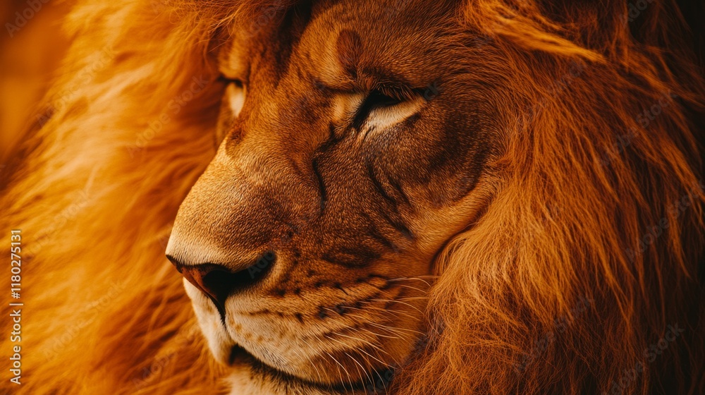 Naklejka premium The majestic lion’s face is bathed in golden light, highlighting his regal mane and capturing a moment of wild grace.