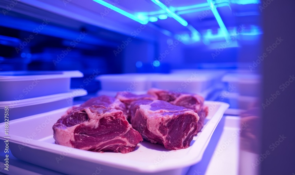 Obraz premium Display of meat in a refrigerator with a blue light. The meat is on a white tray