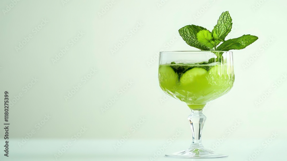 Drink made from fresh cucumber and mint sprigs in a glass goblet on a white background. Summer refreshing detox. Selective focus. Close-up. Copy space. Drink made from fresh cucumber and mint sprigs in a glass goblet on a white background. Summer refreshing detox. Selective focus. Close-up. Copy space.