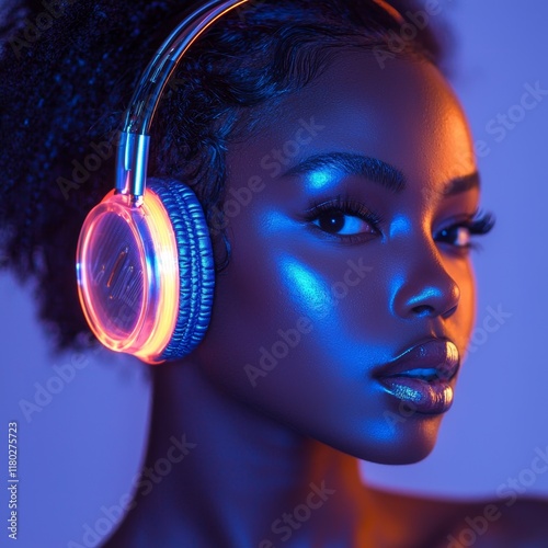 Portrait of stylish woman with glowing headphones in a futuristic setting photo