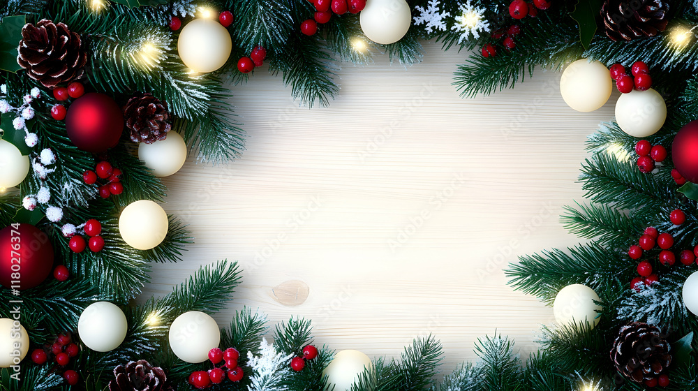Festive Christmas border of fir branches, baubles, and pine cones on wood. Perfect for holiday cards or website banners. Festive Christmas border of fir branches, baubles, and pine cones on wood. Perfect for holiday cards or website banners.