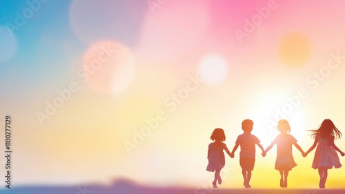 Wallpaper Mural Joyful children holding hands at sunset with vibrant sky background for happiness and togetherness concepts Torontodigital.ca