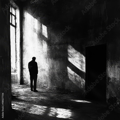 Shadowy figure stands alone in abandoned room with light streaming through windows at dusk