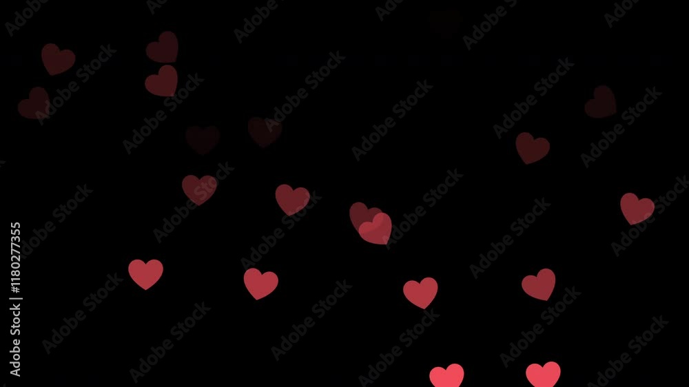 Falling red hearts for valentines day, romantic, wedding and love video. Only hearts layer available with Add transparency mode. Seamless loop on black background