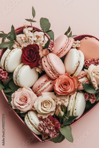 heart shaped box full of red and pink macarons and roses on a pink background for Valentines