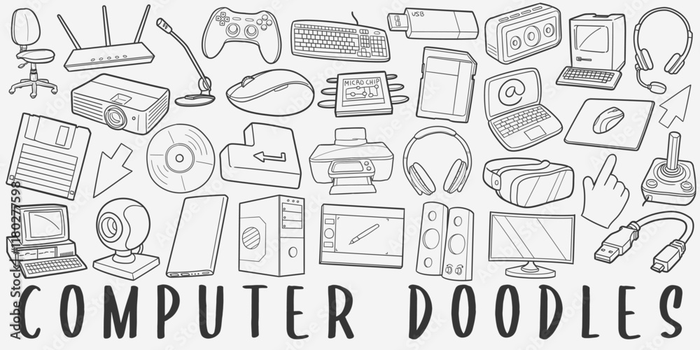Computing Doodle Icons. Hand Made Line Art. computer Clipart Logotype Symbol Design. Computing Doodle Icons. Hand Made Line Art. computer Clipart Logotype Symbol Design.