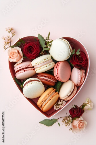 heart shaped box full of red and pink macarons and roses on a pink background for Valentines