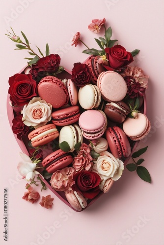 heart shaped box full of red and pink macarons and roses on a pink background for Valentines