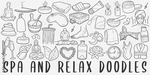 Spa and Wellness Doodle Icons. Hand Made Line Art. Relax Clipart Logotype Symbol Design.