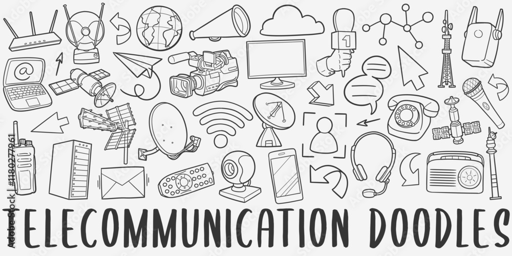Telecomunication Doodle Icons Black and White Line Art. Communication Clipart Hand Drawn Symbol Design. Telecomunication Doodle Icons Black and White Line Art. Communication Clipart Hand Drawn Symbol Design.