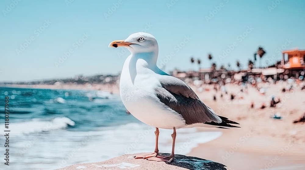 Seagull on Beach, Sunny Day, Coastal Scene, Photo. Seagull on Beach, Sunny Day, Coastal Scene, Photo.