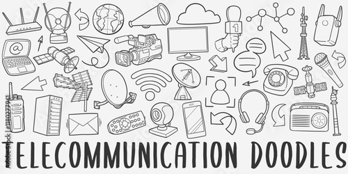 Telecomunication Doodle Icons Black and White Line Art. Communication Clipart Hand Drawn Symbol Design.